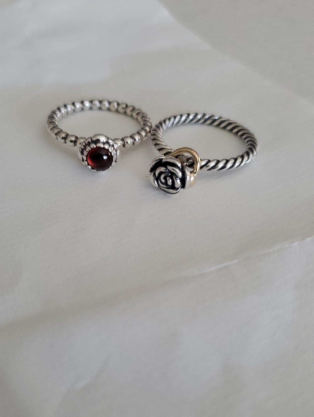 Pandora ALE S925-Beaded w/Garnet Red Stone & Twist w/Rose & Heart Charm, Size 56